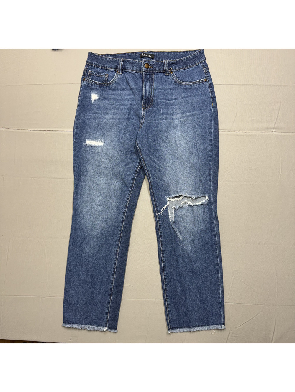 d.jeans Womens Distressed Straight Leg Cropped Jeans Ripped Raw Hem Size 12 Blue